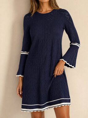 Shoshanna Womens Size Small Knit Wide sleeve Dress Blue Long Sleeves White